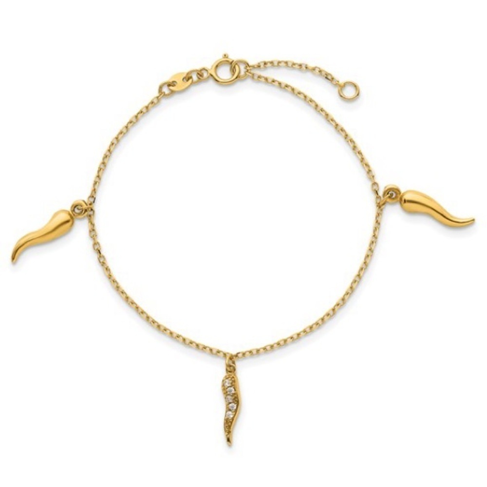 New 14K Gold CZ Italian Horns 5.75 inch Bracelet with .75 extender